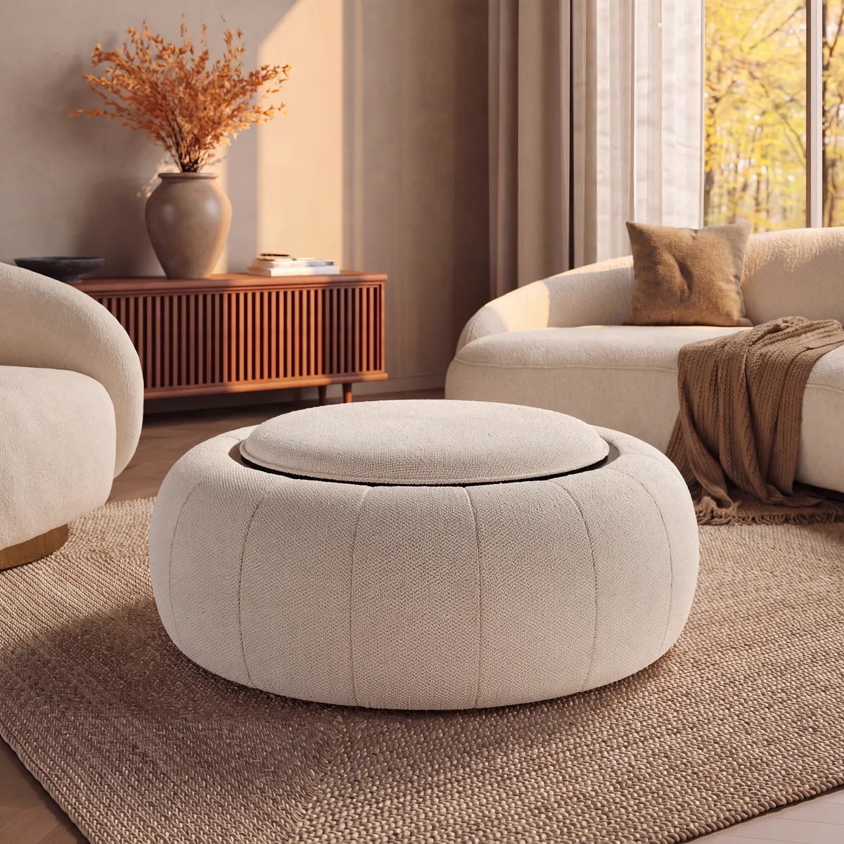 Modern 39" Round Performance Leather Ottoman Coffee Table with Hidden Storage — image 14