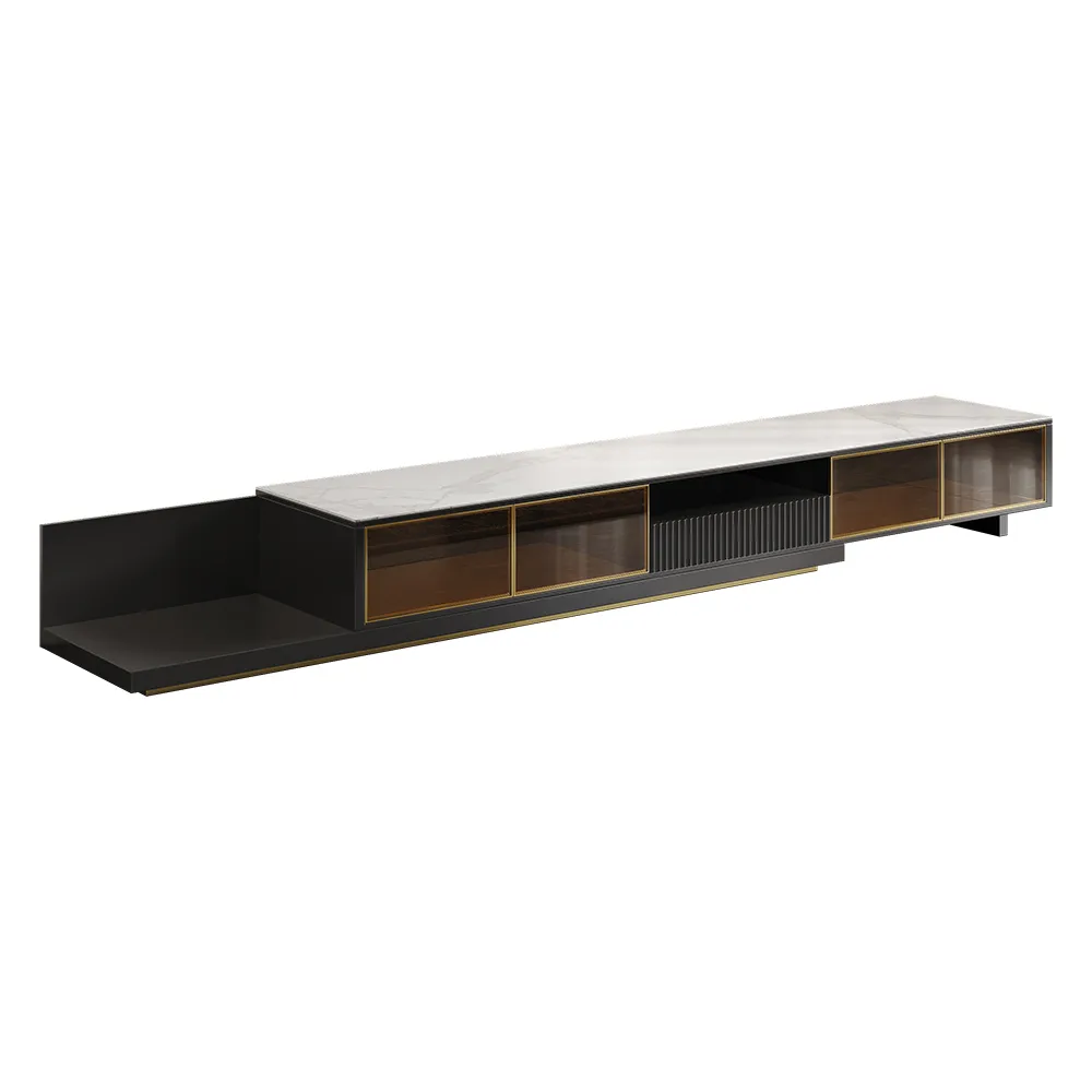 LED Light Extendable TV Stand Light Khaki Floor Media Console with Glass Door & Drawers — image 9