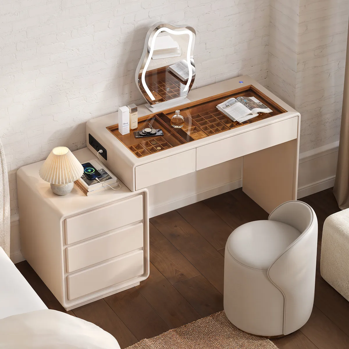 Haloa Modern Matte Warm White Makeup Vanity Set with LED Mirror, Glass Top & Jewelry Storage (40"-57") — image 6