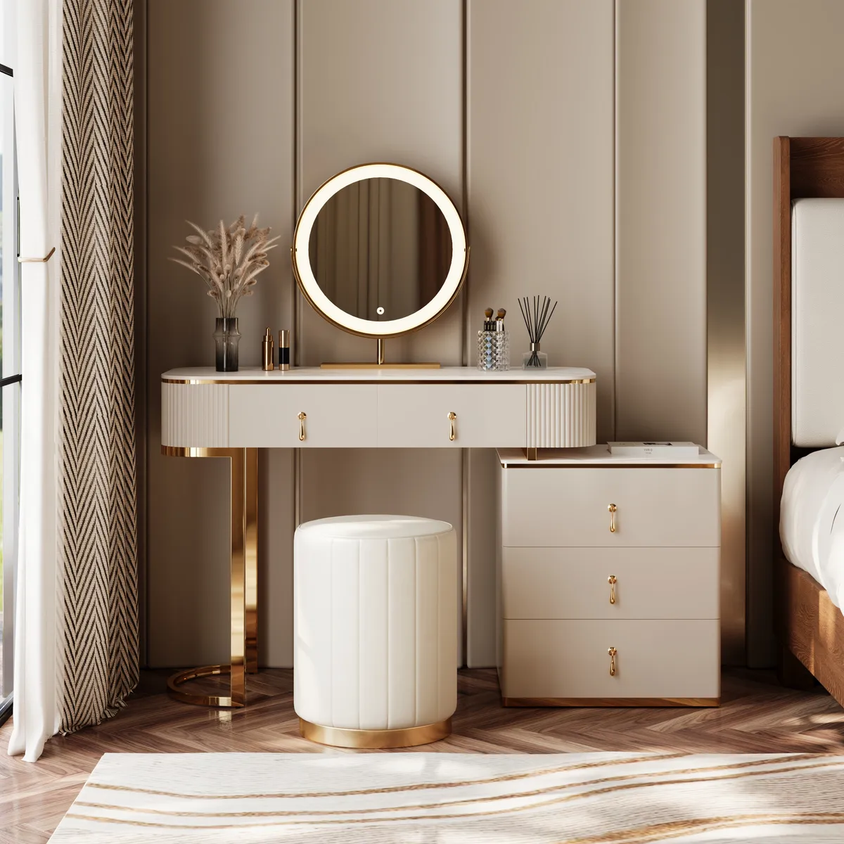 Nordic Makeup Vanity Extendable with 5-Drawer Dressing Table with Stone Top in Champagne — image 2