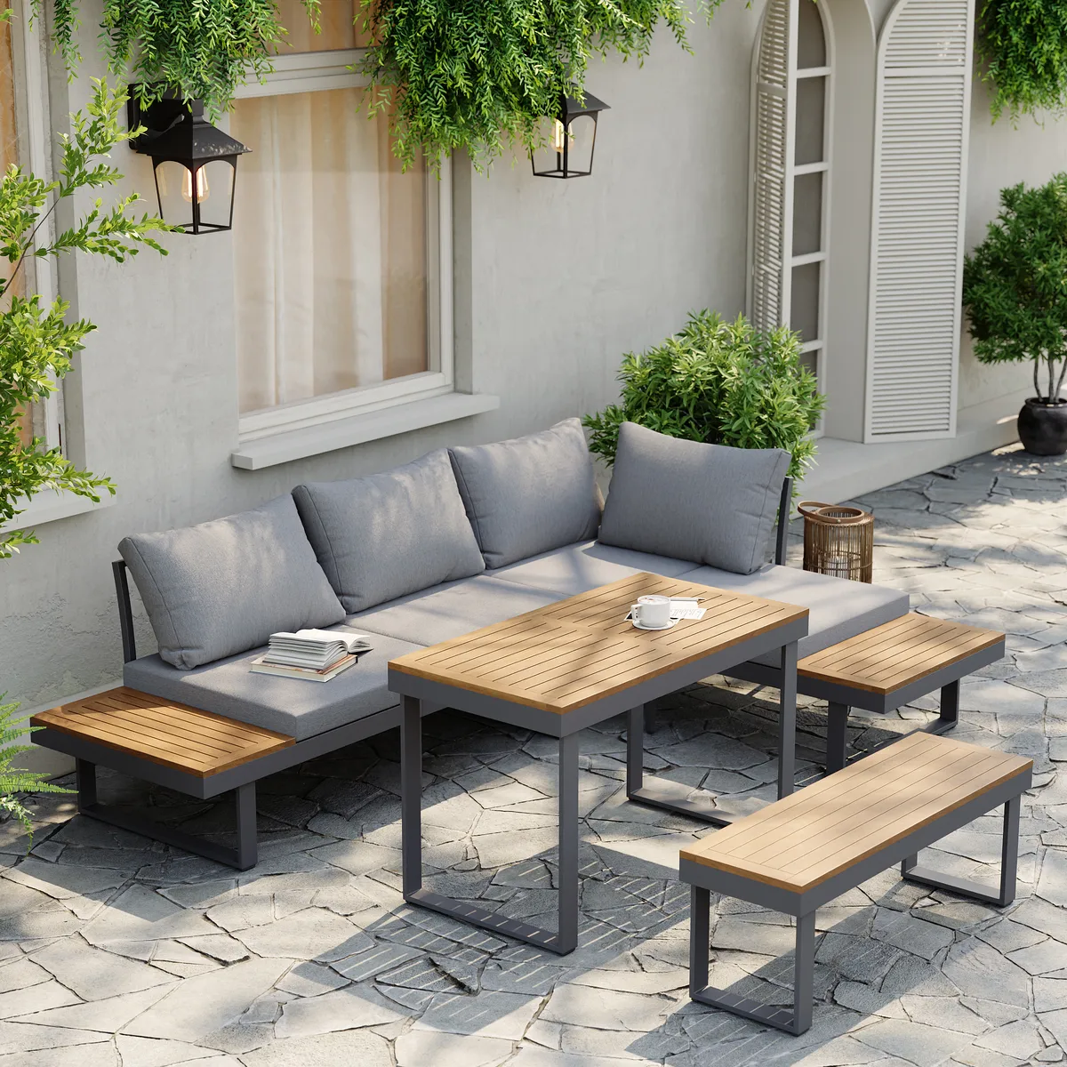 Slatera Outdoor Acacia & Aluminum Modular Sofa Set in Dark Gray with Black Cover — image 22