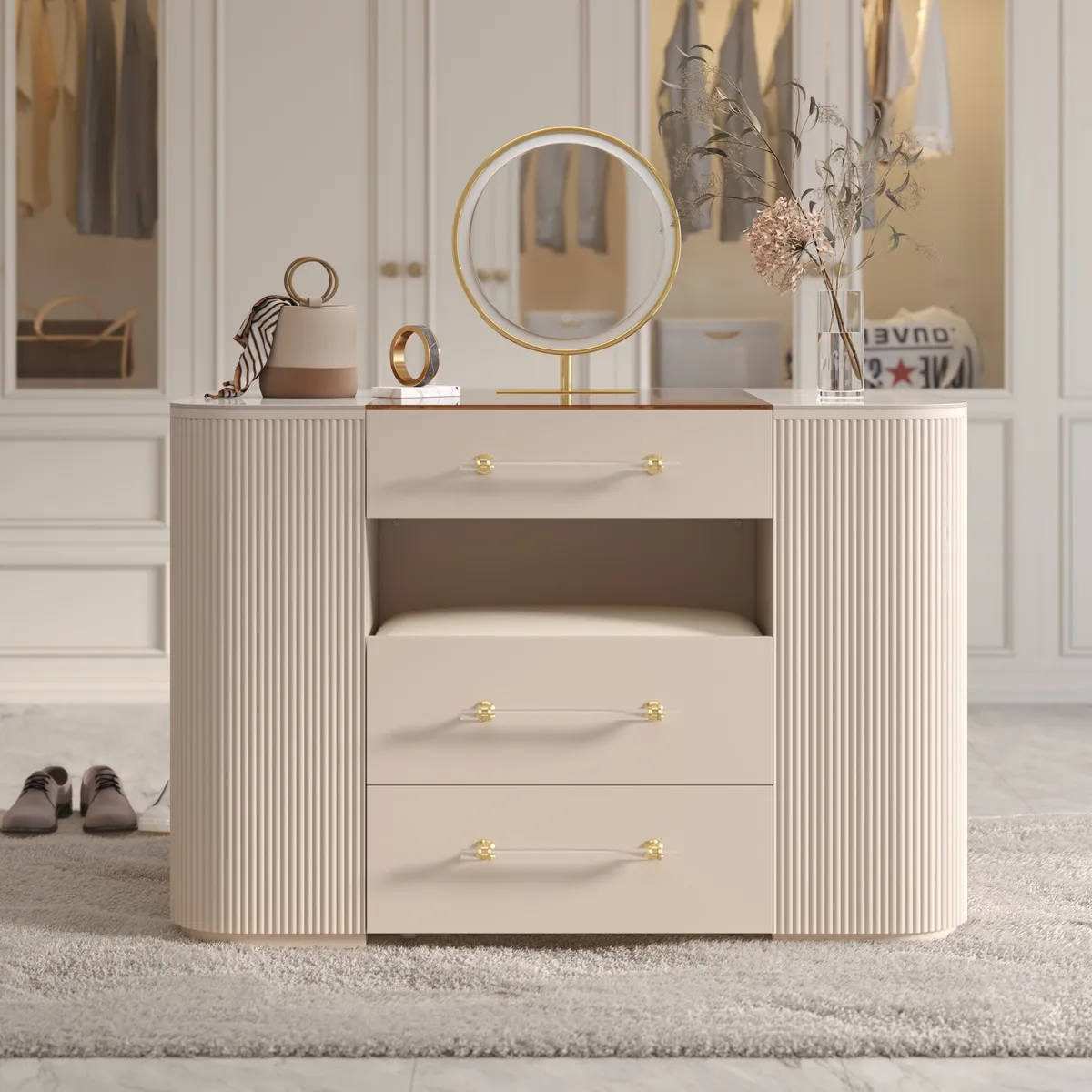 47" Tempered Glass Top Closet Island with Mirror & Jewelry Storage Dresser Vanity — image 2