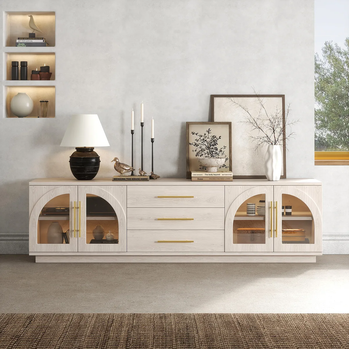 Arune 72" Arched Glass Doors Smoked Brown TV Stand with Storage and LED — image 12