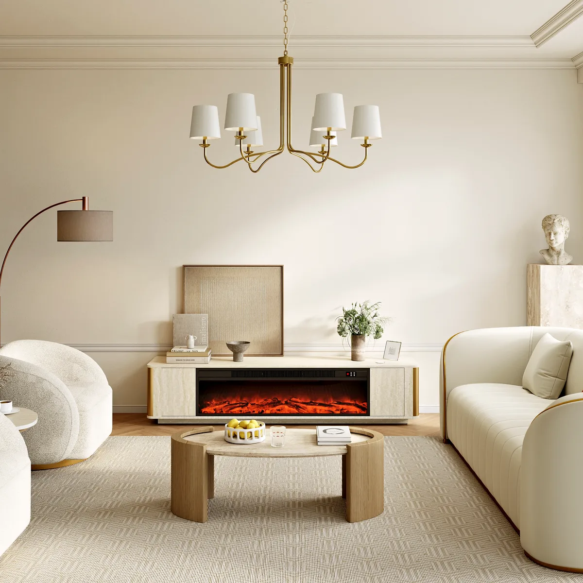 79" Travertine Veneer Electric Fireplace TV Stand with Storage in Oatmeal For living Room — image 5
