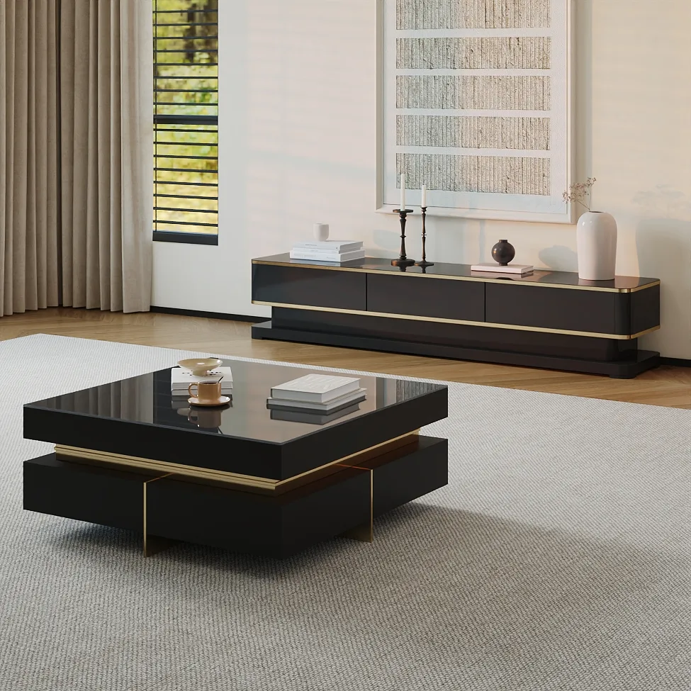 Black Modern Square Coffee Table with Drawers — image 14