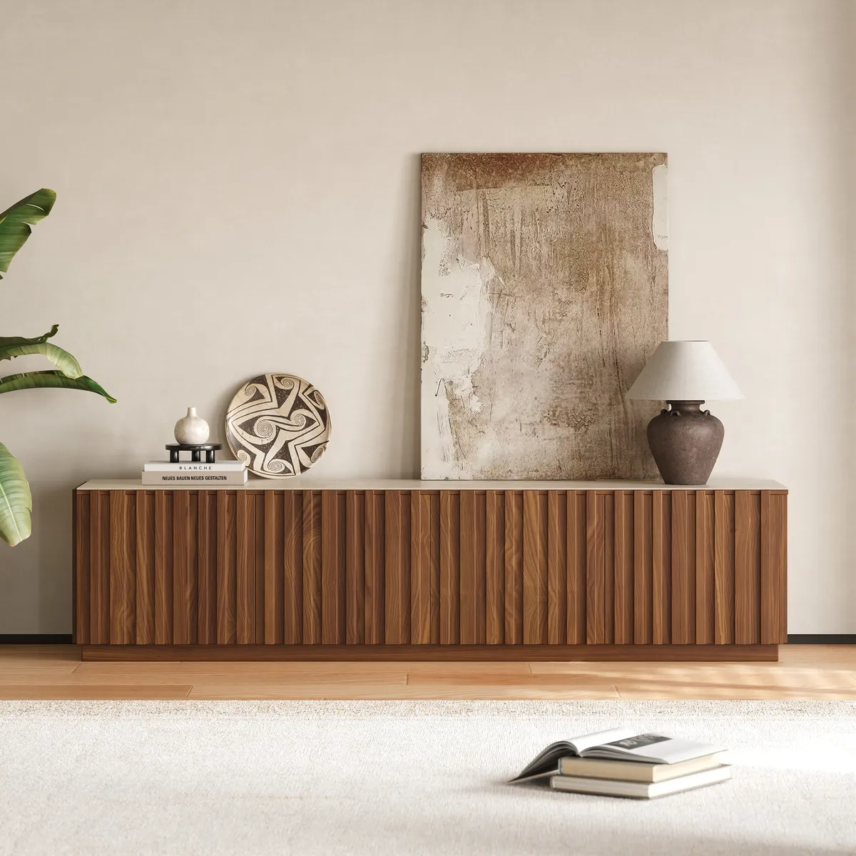 Aura TV Stand Set of Ash Wood Slatted TV Stand & Coffee Table with Sintered Stone Top — image 7