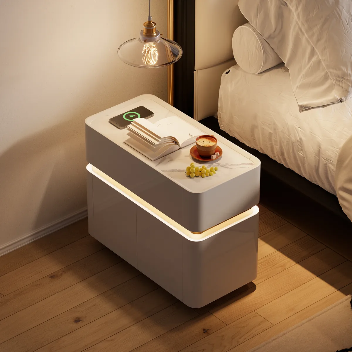 Narrow Smart LED Nightstand with Sintered Stone Top