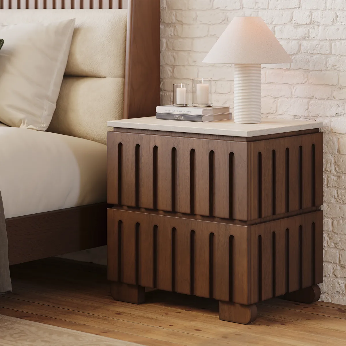 Modern Solid Wood King Upholstered Bed & 2 Drawer Ash Wood Nightstand Set with with Faux Travertine Top — image 7