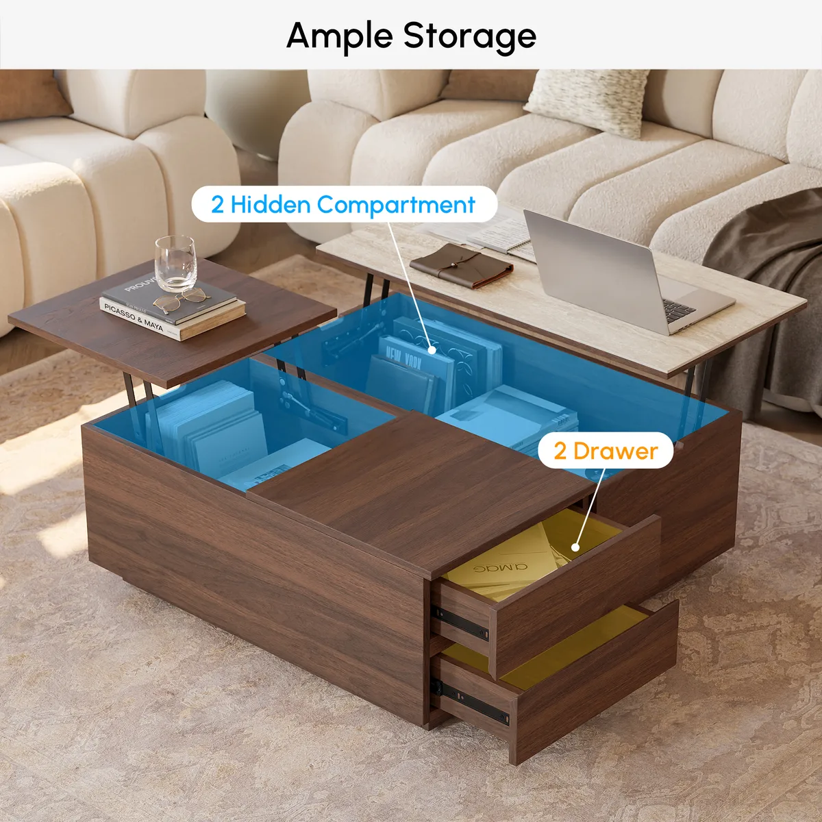 39" Square Lift-Top Wood Travertine Veneer Sintered Stone Top Coffee Table with Storage — image 17