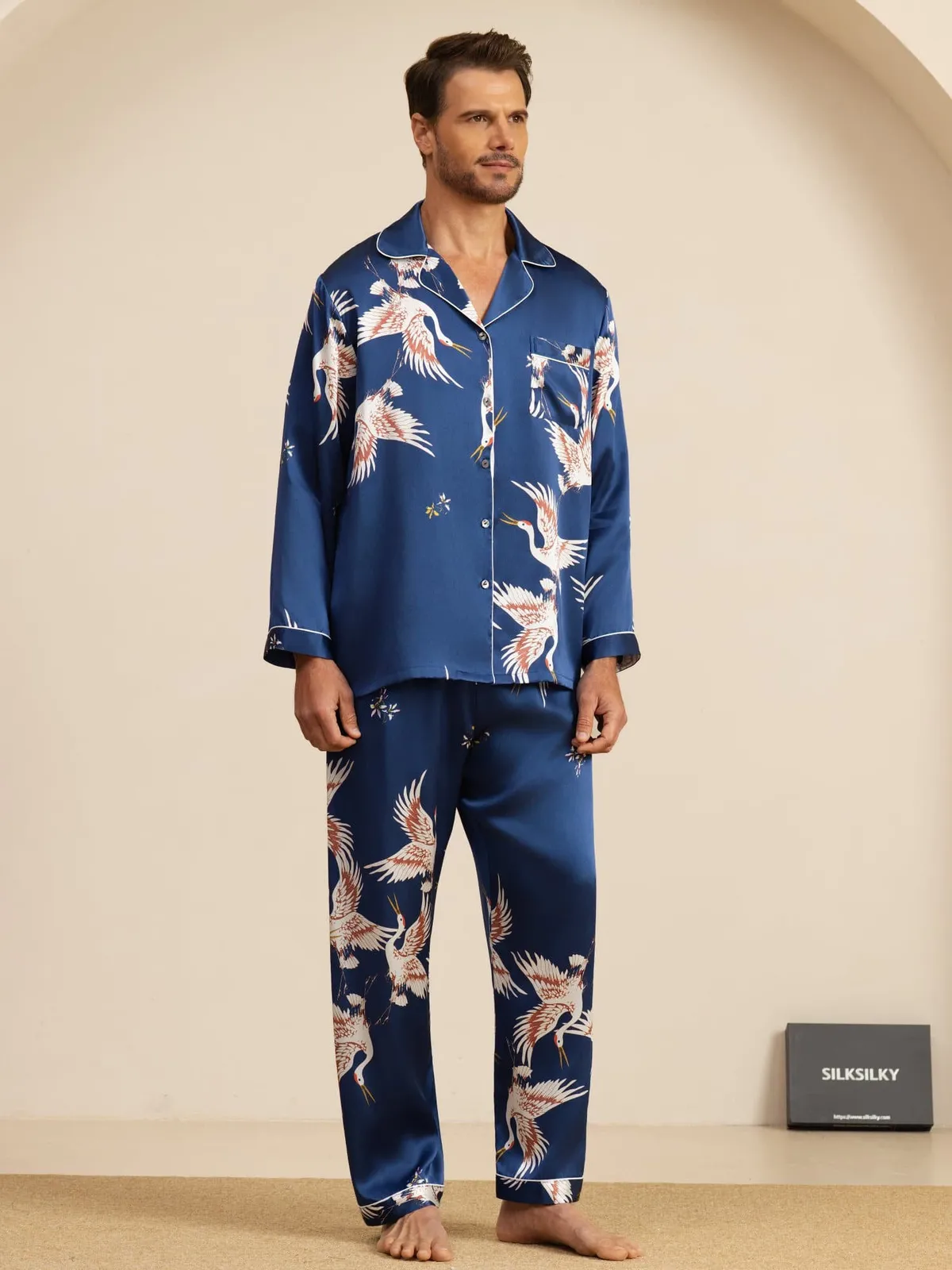 19Momme 100% Mulberry Silk Men's Crane Print Long Sleeve Notch Collar Pajamas Set — image 3
