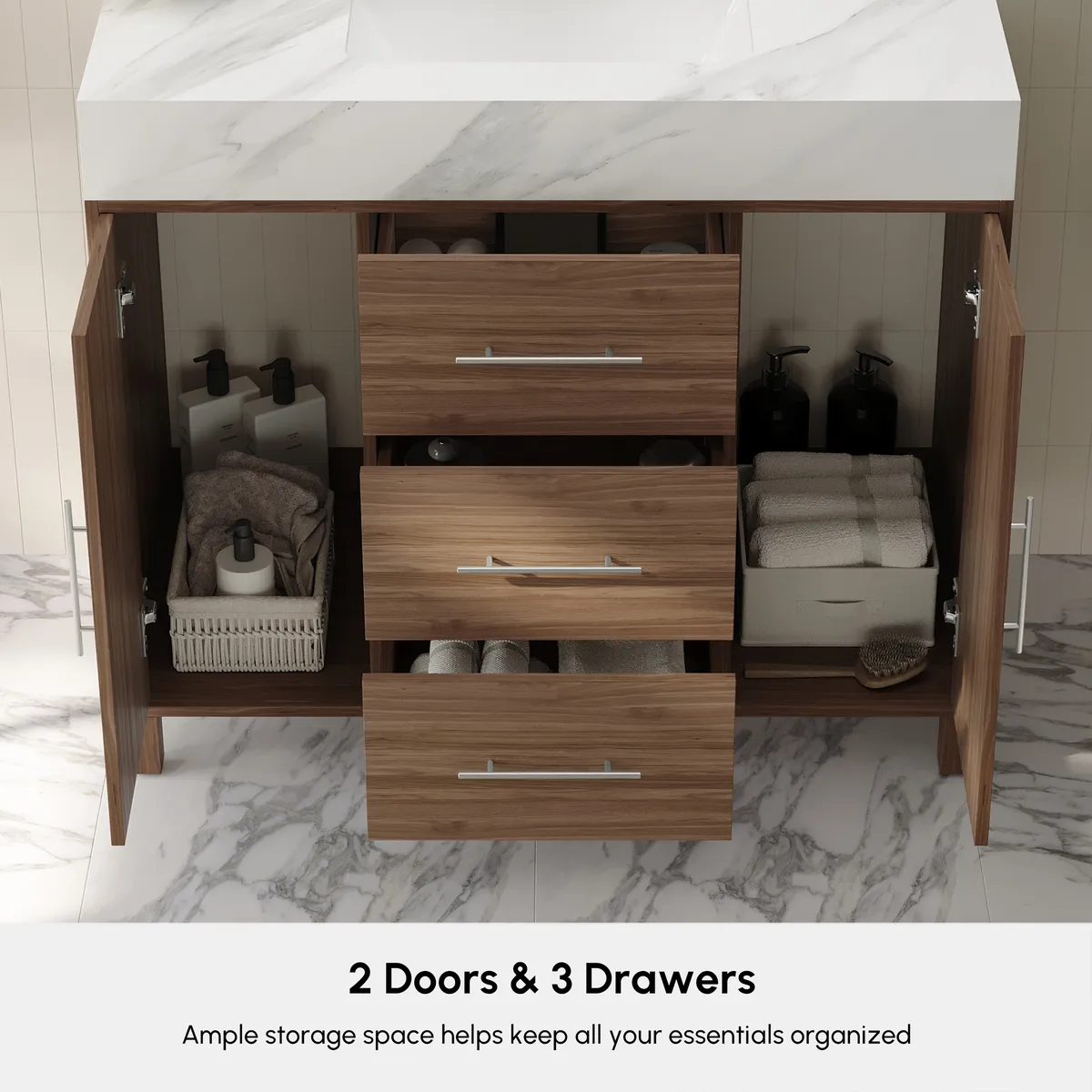39" Walnut Freestanding Bathroom Vanity Sintered Stone Top & Silver Handles — image 17