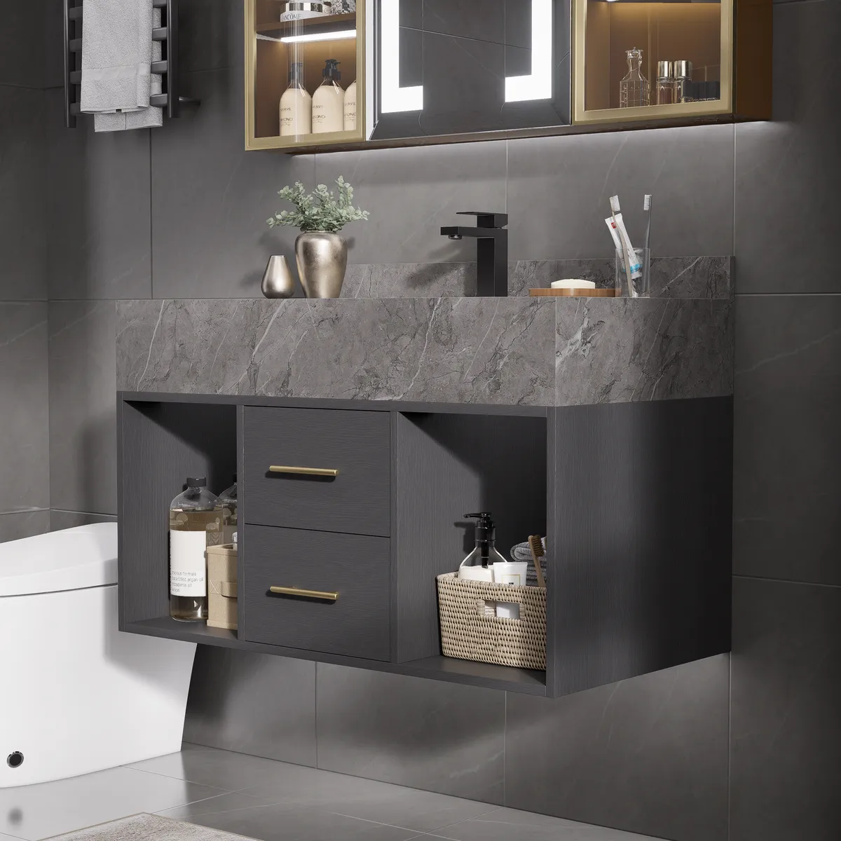 35.4" Floating Bathroom Vanity with Cultured Marble Vessel Sink with 2 Drawers — image 10