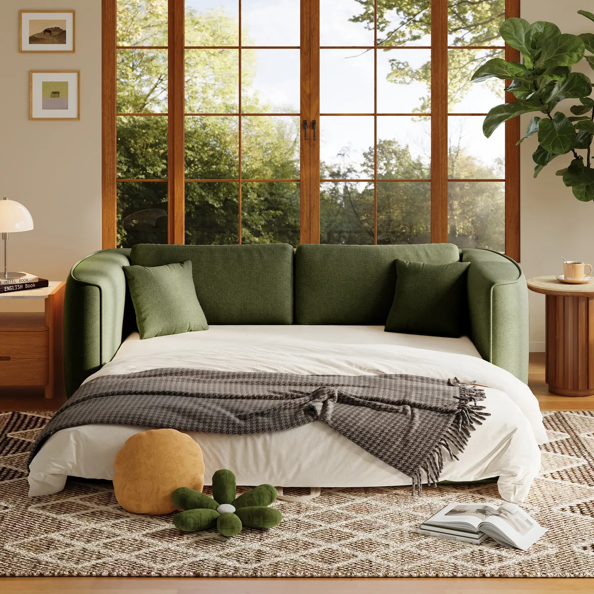 80" Queen 3-Seater Chenille Fold-Down Sleeper Sofa with Removable Cover — image 11
