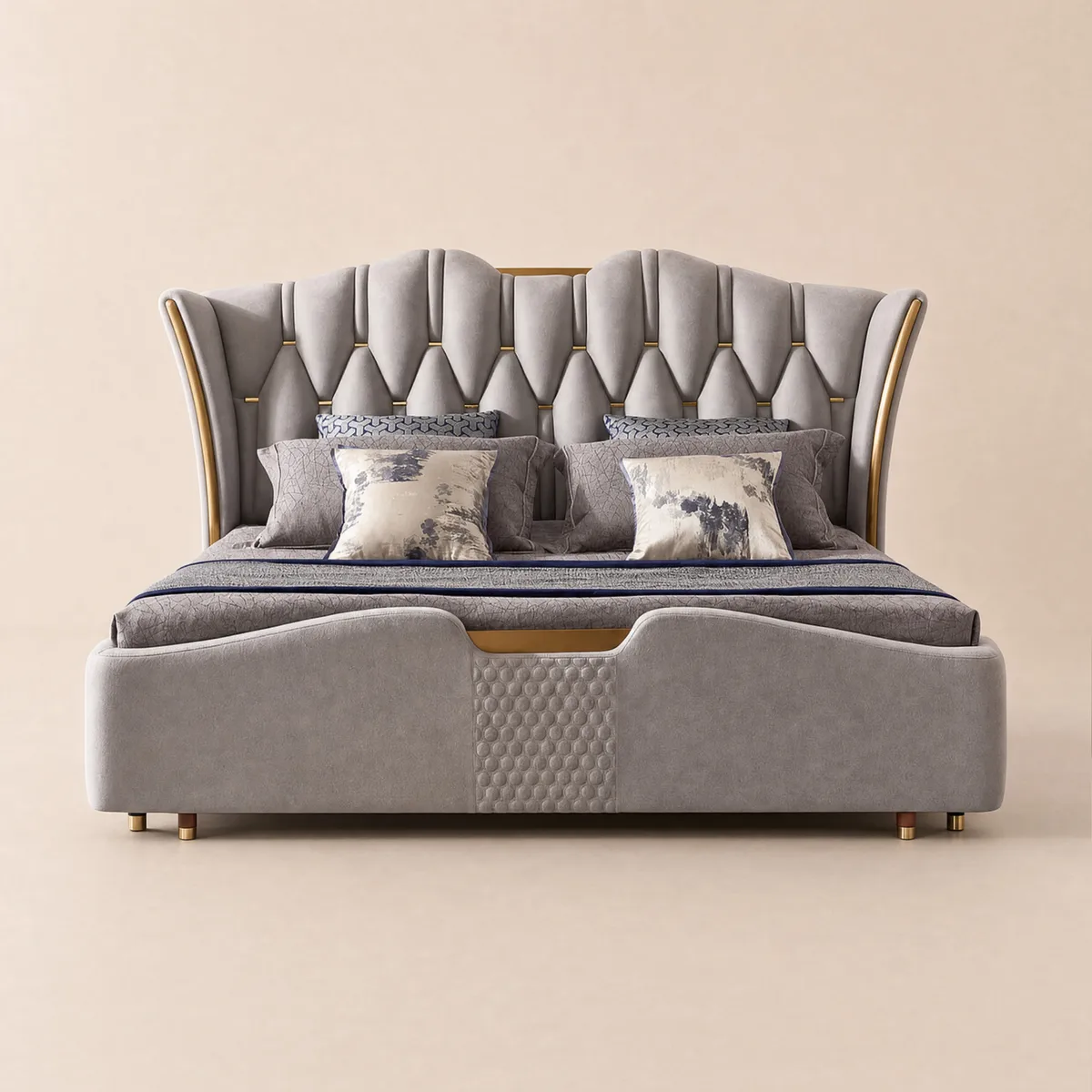 King Size Upholstered Leather Bed Frame with Tufted Wingback Headboard — image 18