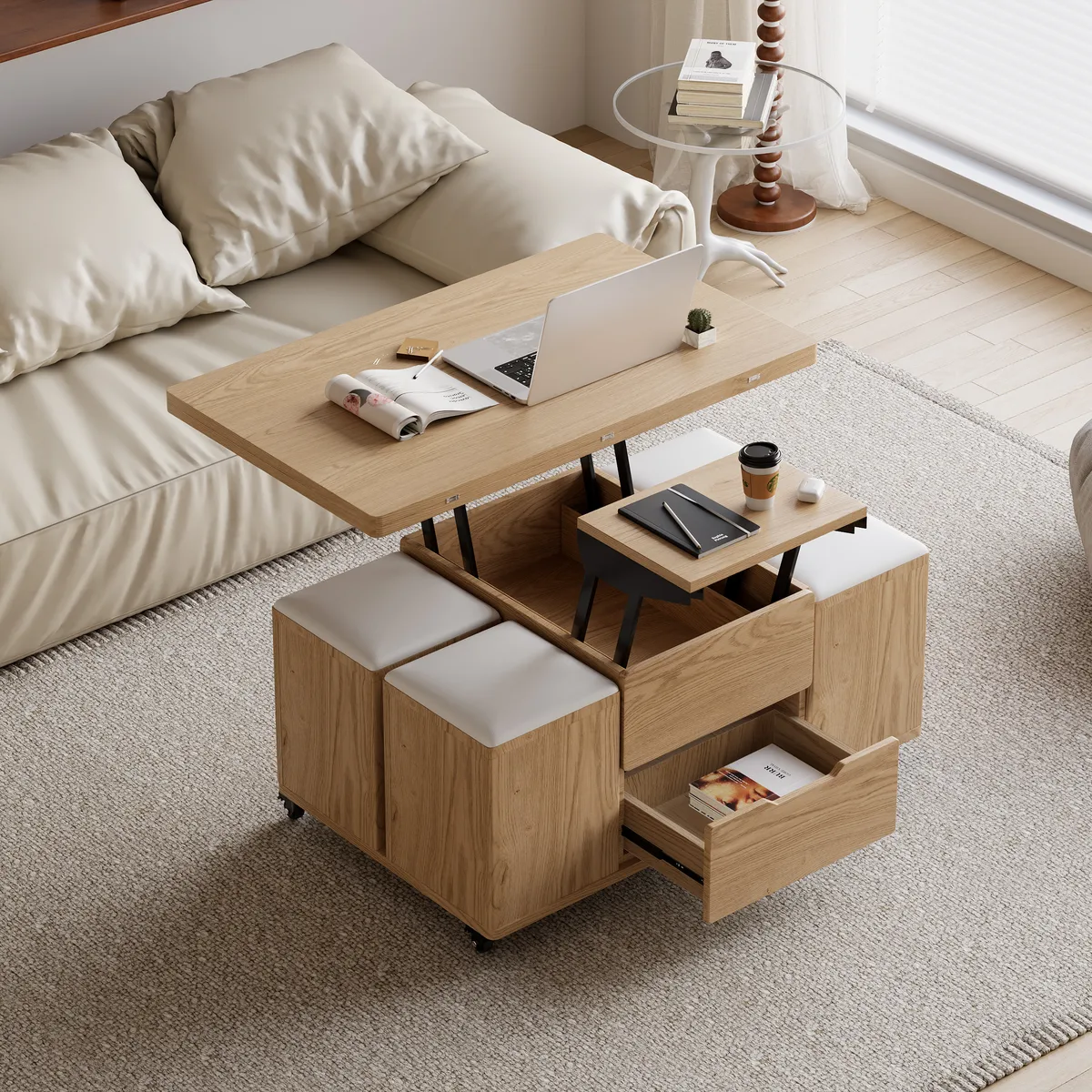 Modern Walnut Lift Top Coffee Table 4 in 1 with Storage Ottoman Foldable and Casters — image 11