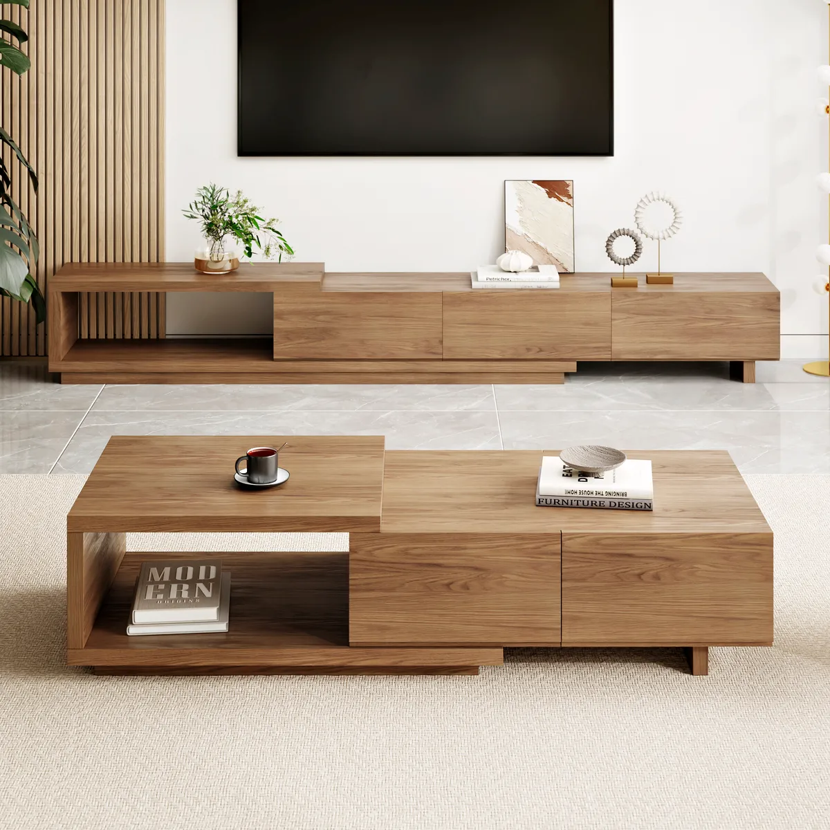 Quoint 68.9" Modern White Coffee Table Retracted & Extendable with 2-Drawer — image 25