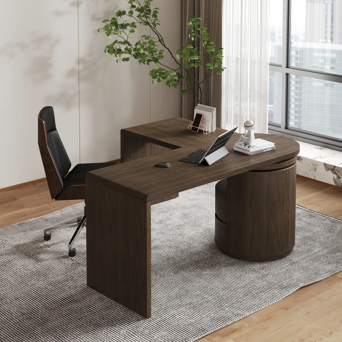 Modern 60" L-Shaped Walnut Office Desk with Drawers, Rotating Design — image 14