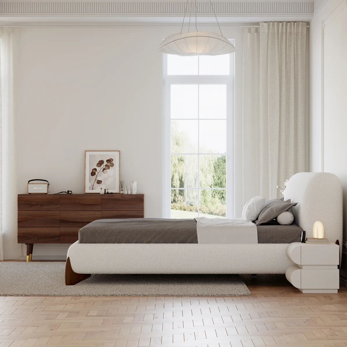 Modern White Boucle Platform Bed Queen Size Bed Frame with Upholstered Headboard — image 24
