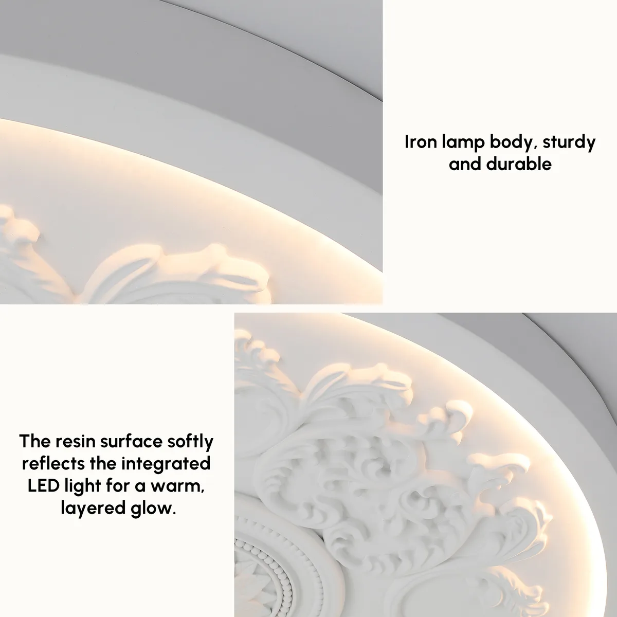 French Elegant White Resin 3D Carved LED Dimmable Flush Mount Ceiling Light — image 27