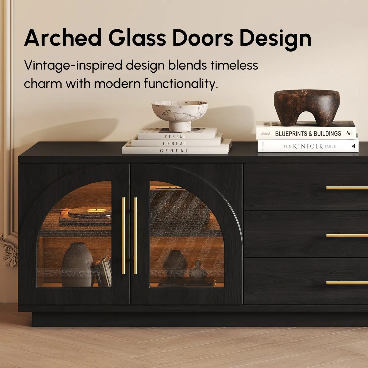 Arune 72" Arched Glass Doors Smoked Brown TV Stand with Storage and LED — image 28