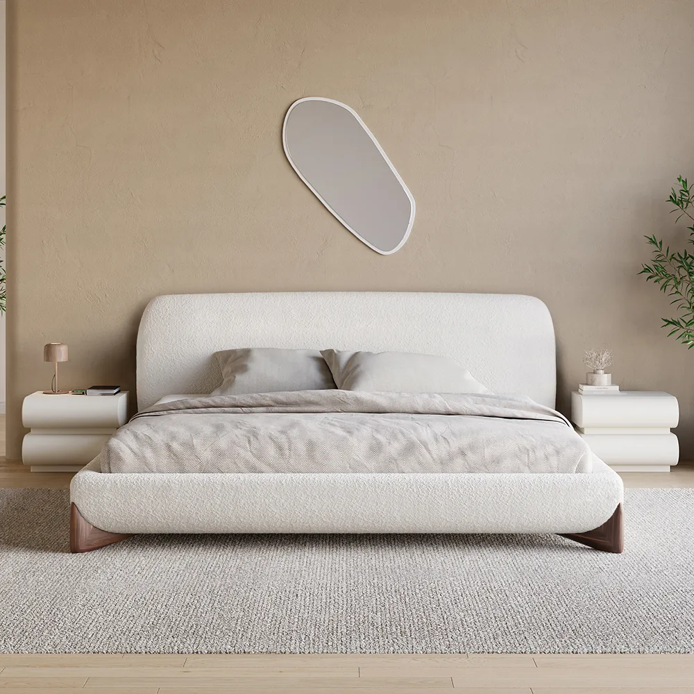 Modern White Boucle Platform Bed King Size Bed Frame & 2-Drawer Smart Boucle Nightstand — image 10