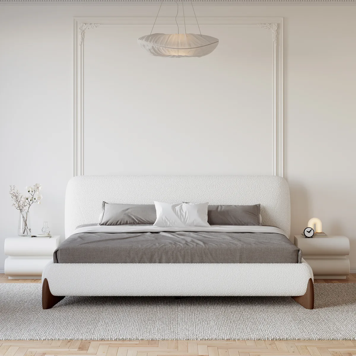 Modern White Boucle Platform Bed Queen Size Bed Frame with Upholstered Headboard — image 14