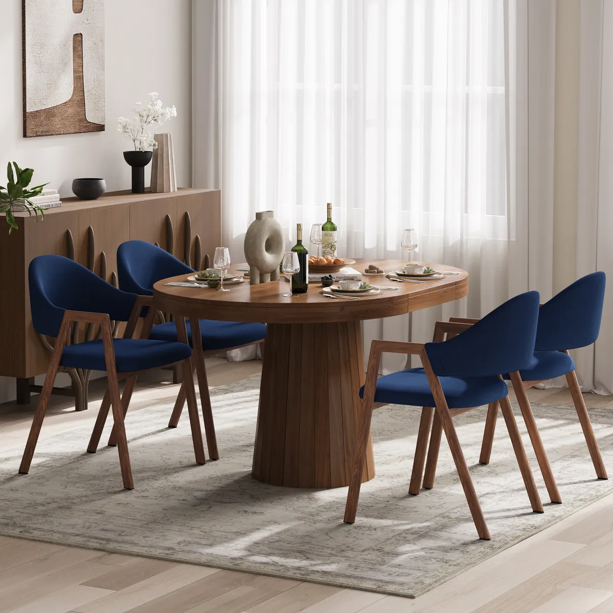 Blue Linen Upholstered 4-Piece Dining Chair Curved Back Chair — image 24