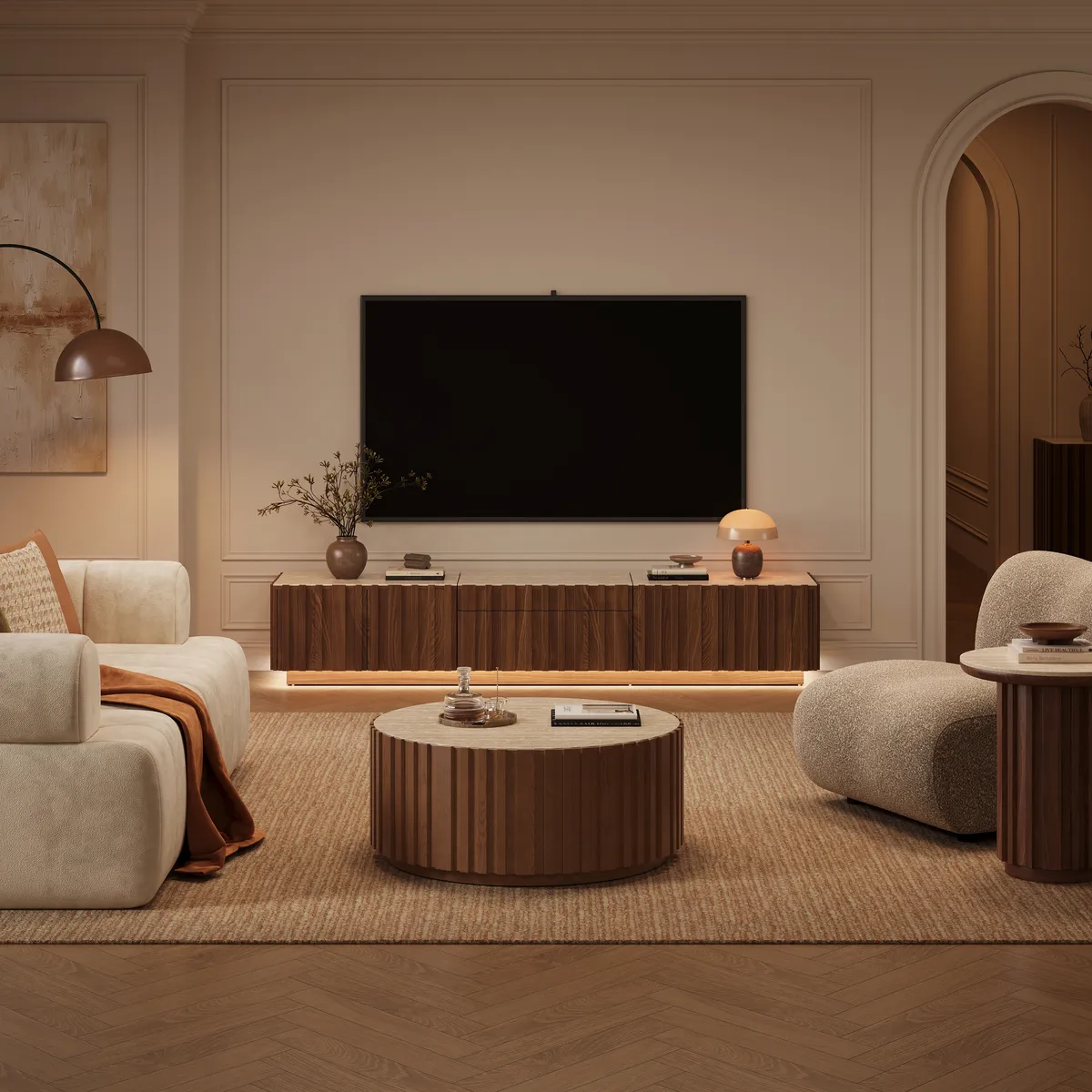 Aura 80" Ash Wood Fluted Walnut Projector TV Stand with Sintered Stone Top — image 5