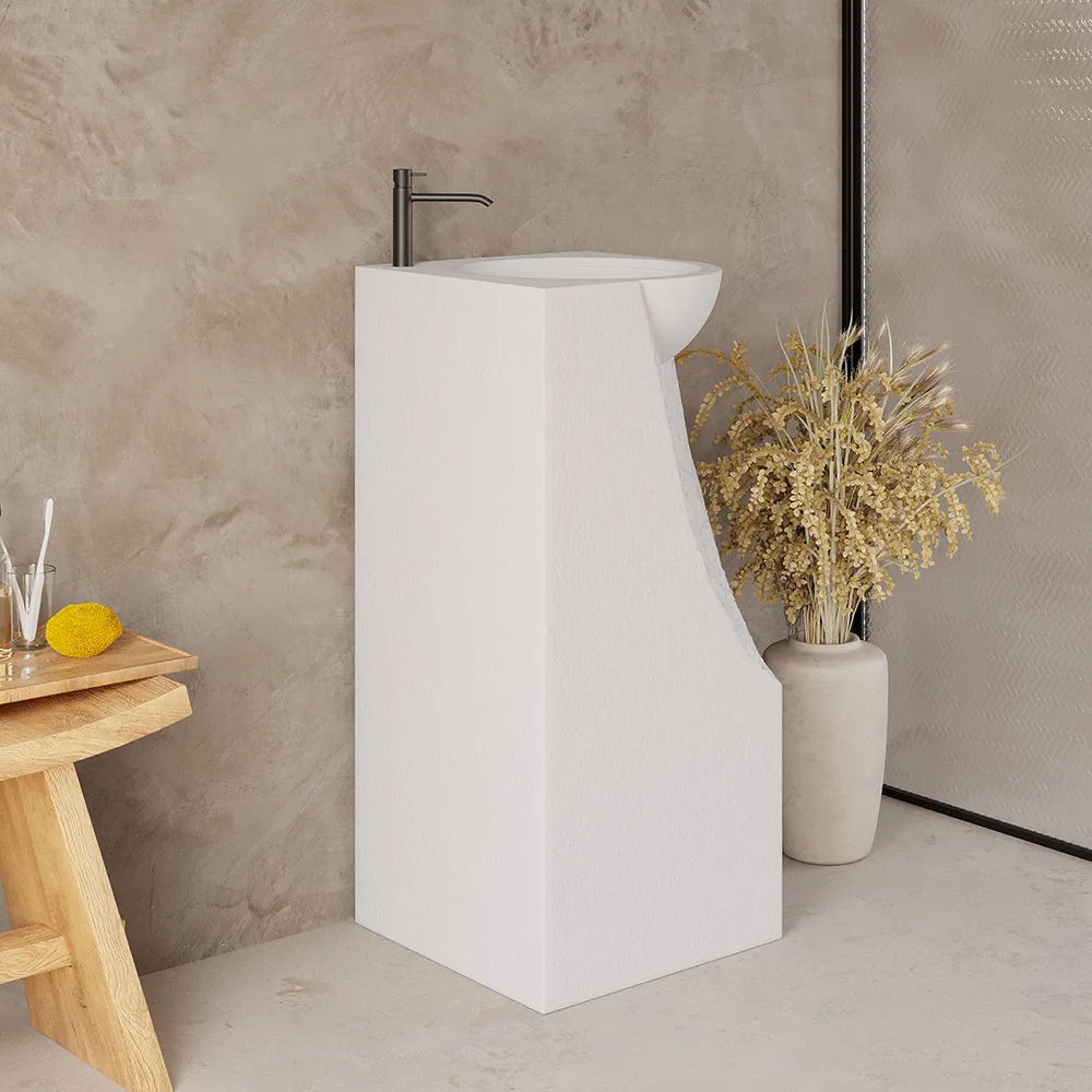 34" Japandi Tall Stone Resin Pedestal Sink with Rounded Basin Freestanding — image 4