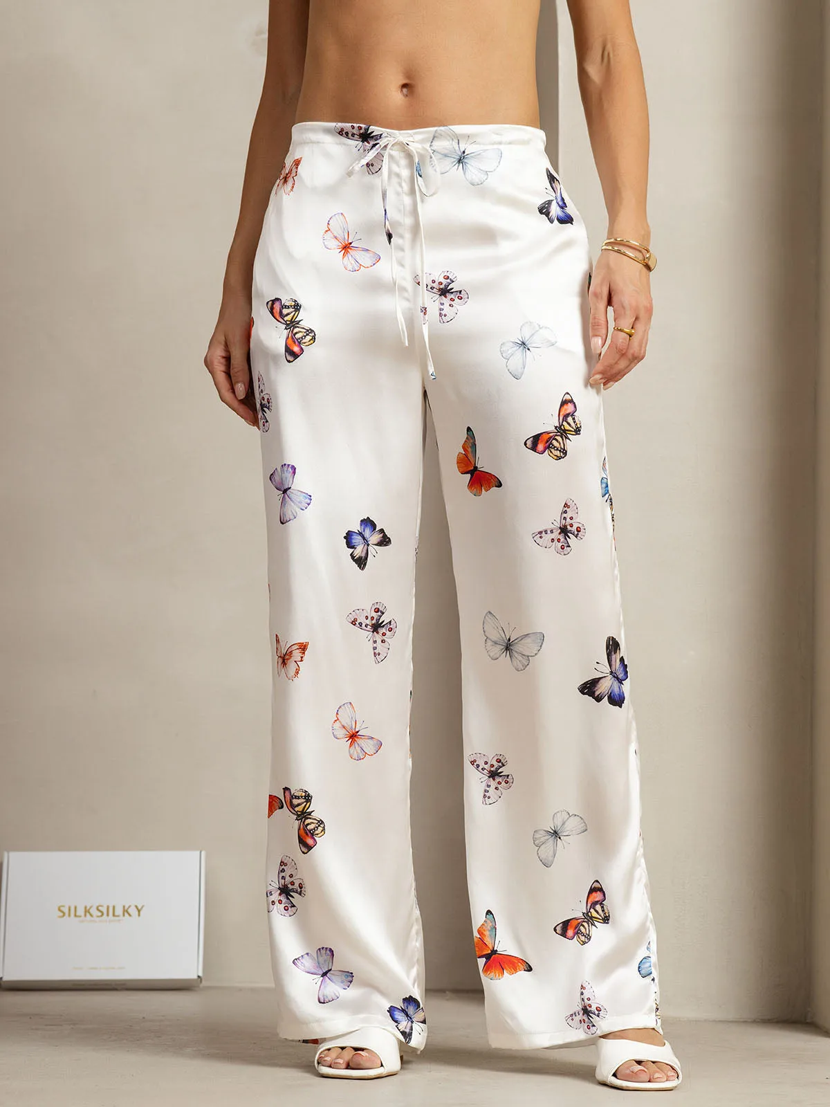 19Momme Silk Butterfly Print Wide Leg Women's Pants With Side Pockets Design - White Butterfly /