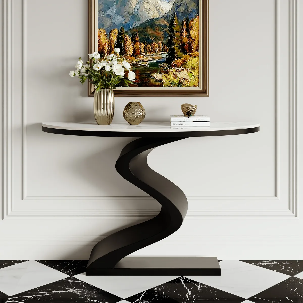 Curved Console Table with Sintered Stone Top Half Moon Shape Entryway Furniture — image 13
