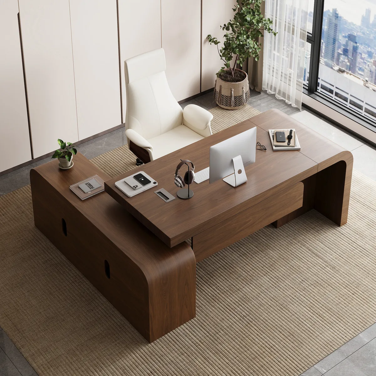 L-shaped Modern Executive Desk & Reclining Leather Office Desk Chair High Back — image 28