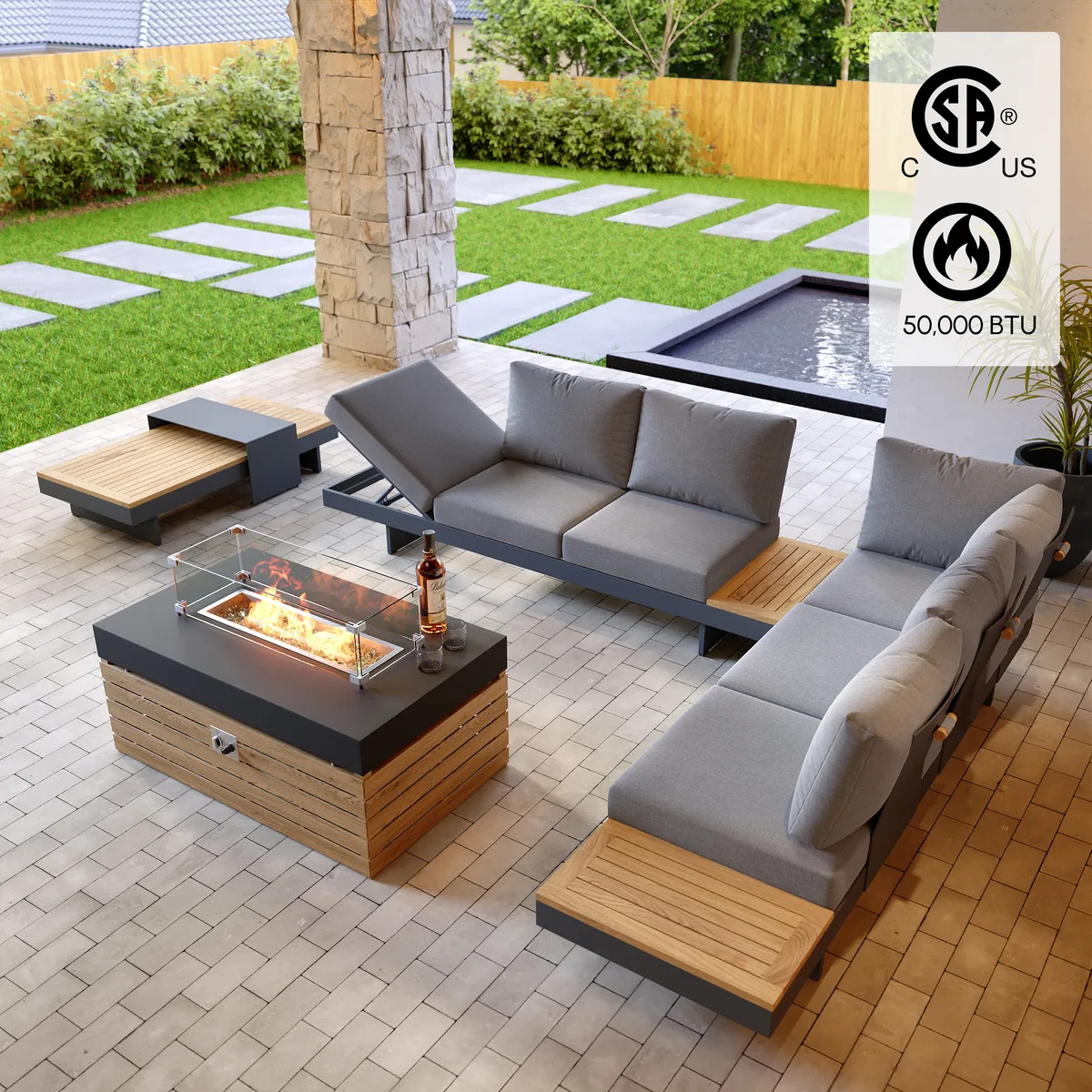 Tevara 47" 5-Pieces Modular Teak Outdoor Sofa Set with Smokeless Fire Pit for 6 Person — image 12