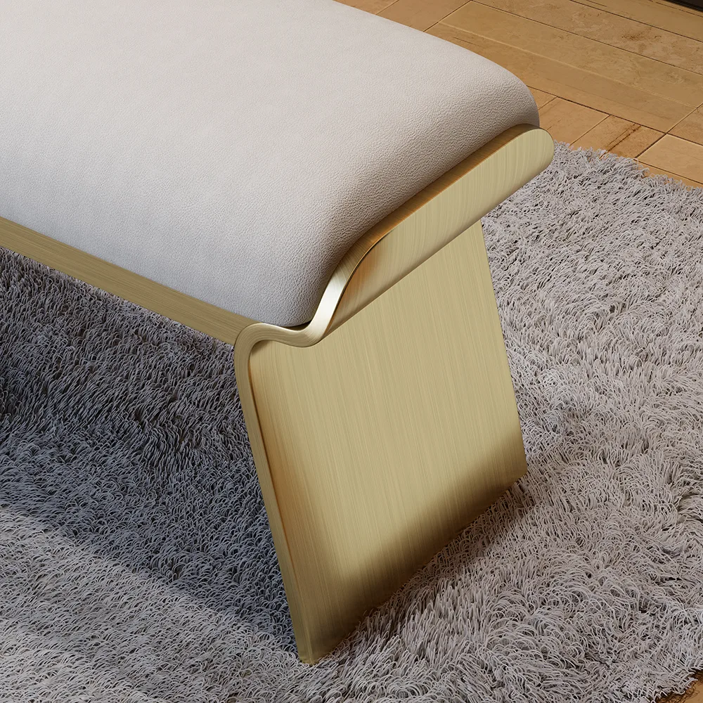 Beige Modern Stainless Steel Bench Leath-Aire Upholstered Bedroom — image 13