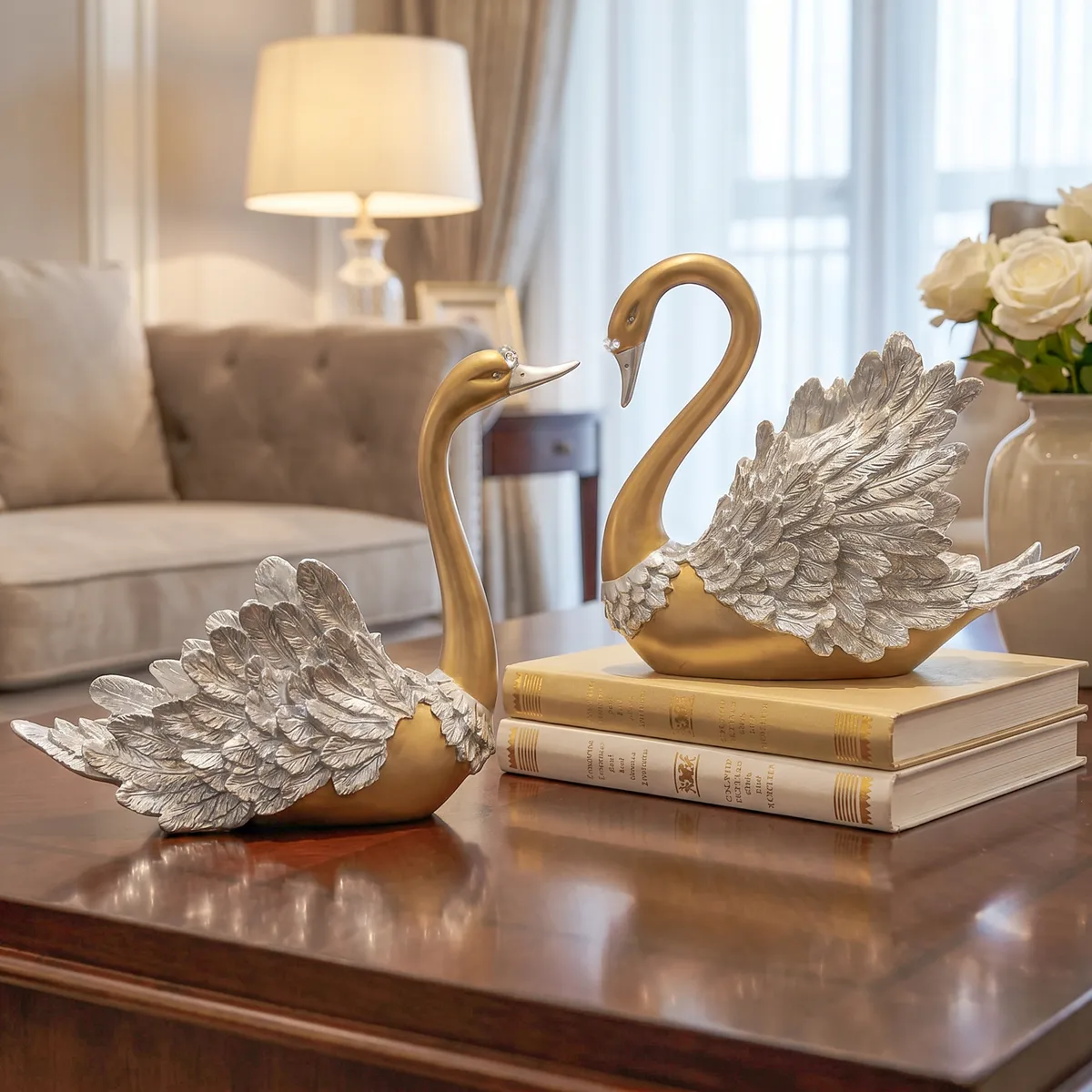 2-Piece Resin Swan Figurines, Black & Gold Decorative Storage Set — image 12