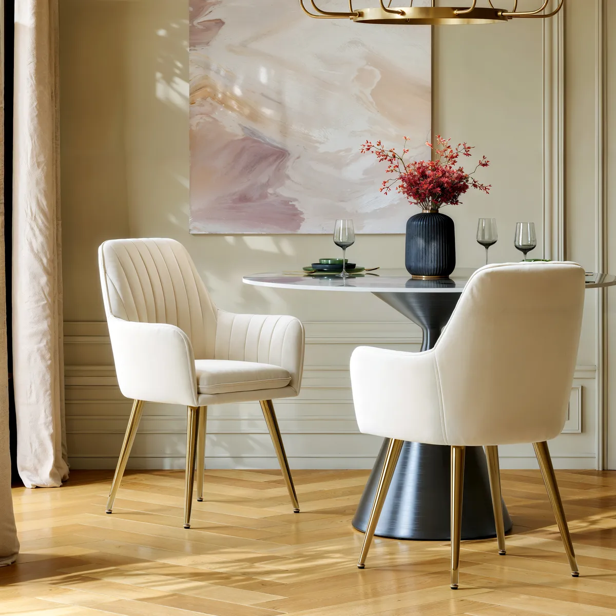 Modern Warm White Velvet Dining Chair with Cushioned Seat — image 12