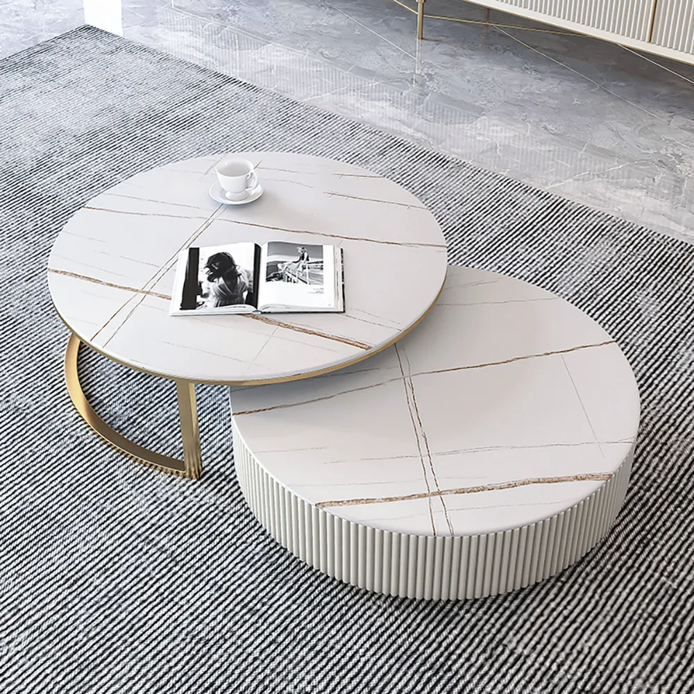 Round 2-Piece Nesting Set Sintered Stone Top Beige Coffee Table with Drawer 78.7" Modern White Boucle Upholstered Fluted 3-Seater Sofa — image 23