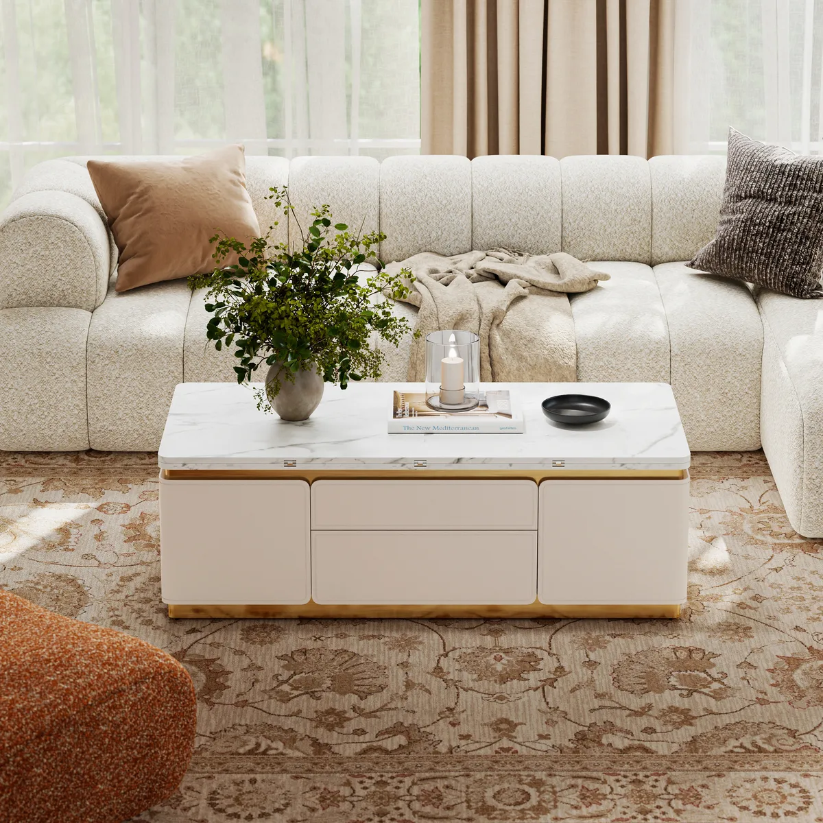 48" Ivory Saddle Leather Lift-Top Coffee Table with 2 Drawers — image 2
