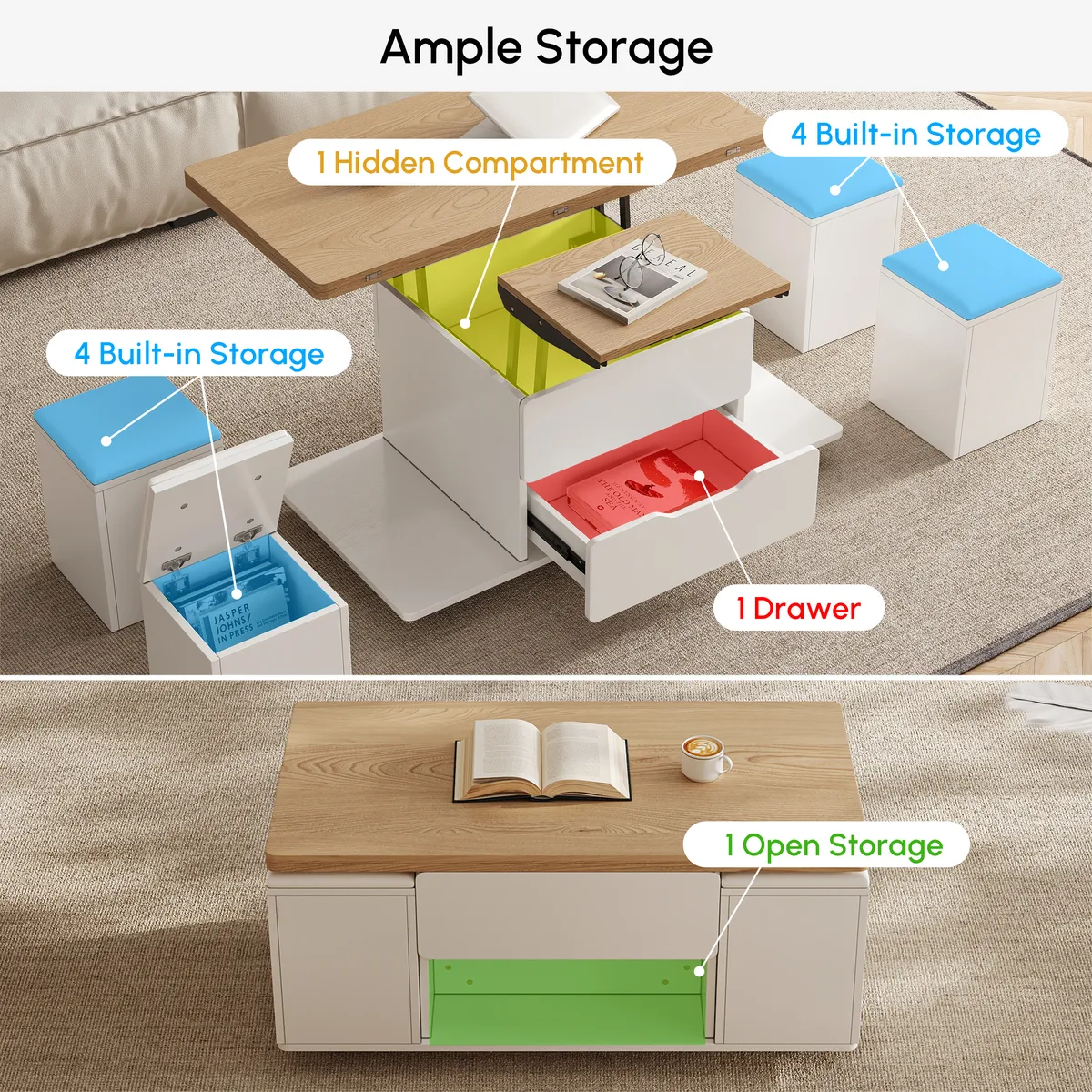 Modern Walnut Lift Top Coffee Table 4 in 1 with Storage Ottoman Foldable and Casters — image 27