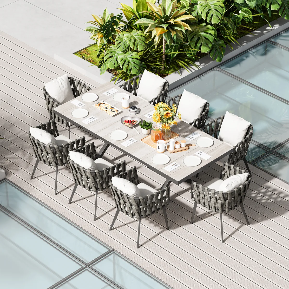 7-Piece Outdoor Extendable Dining Set with 6 Rope Weave Chairs in Gray(64"-84") — image 21