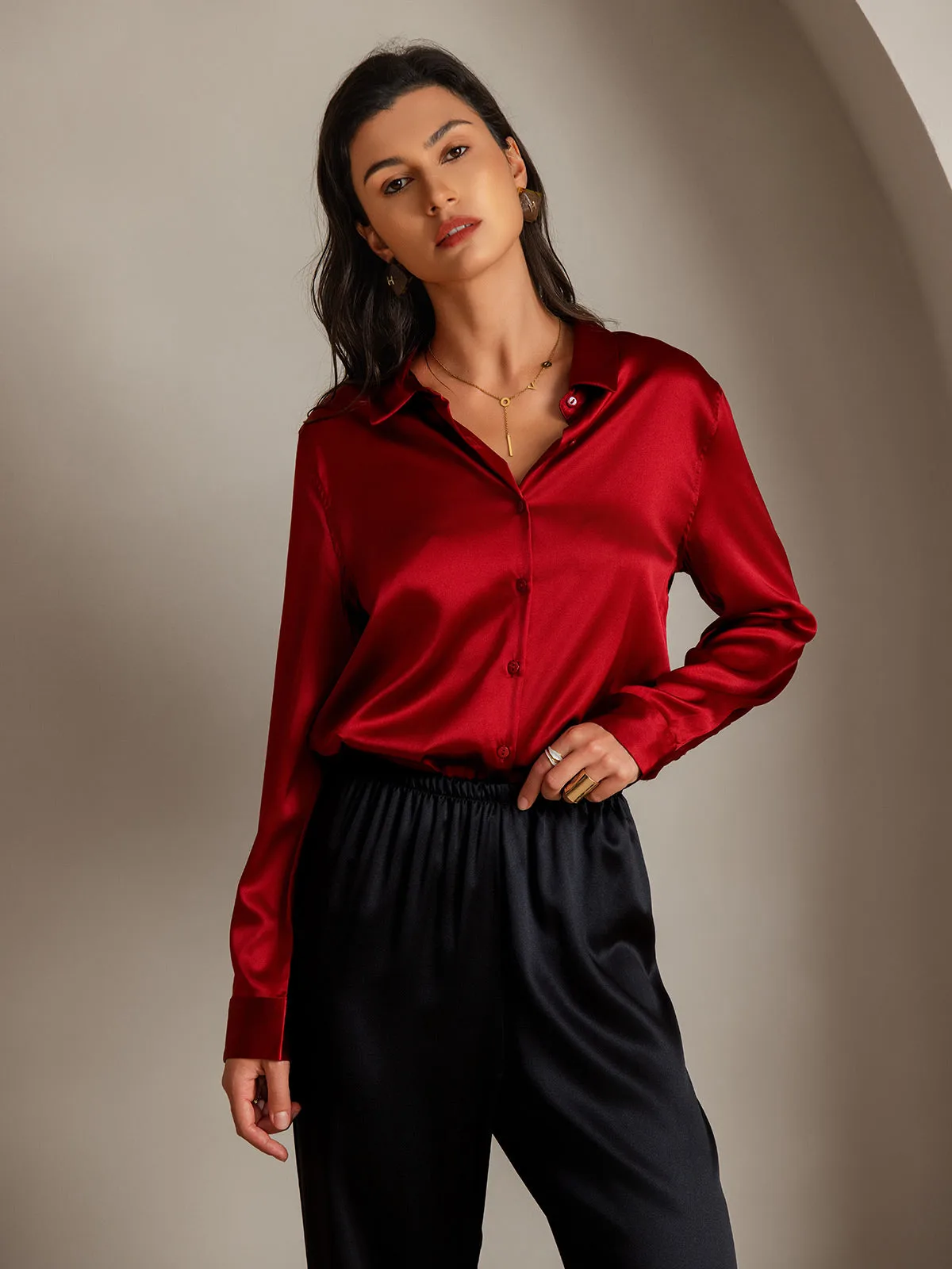 19Momme Silk Long Sleeve Lapel Collar Women's Shirt with Button Up Design — image 9