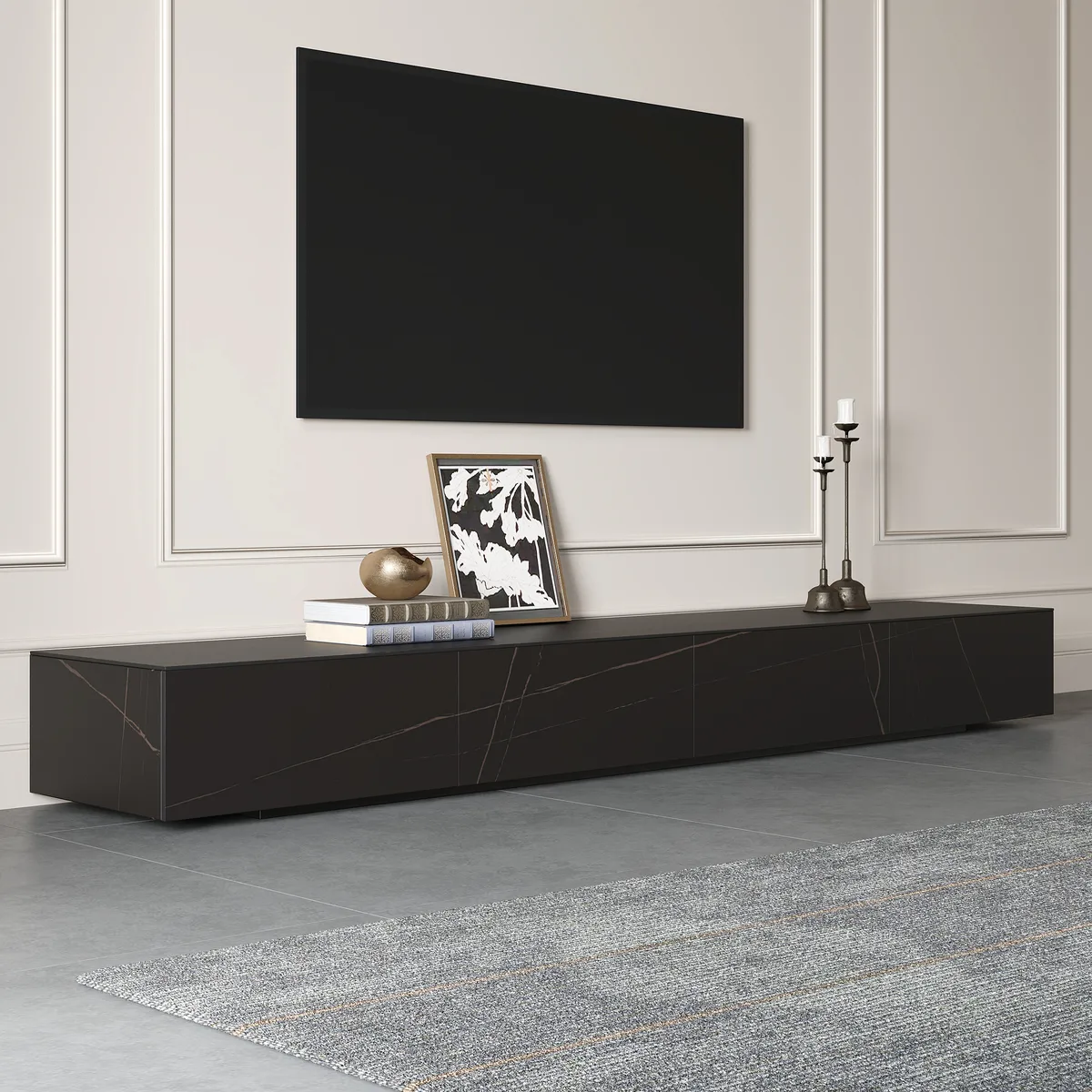 87" Black TV Stand Faux Marble with Storage for TVs Up — image 7
