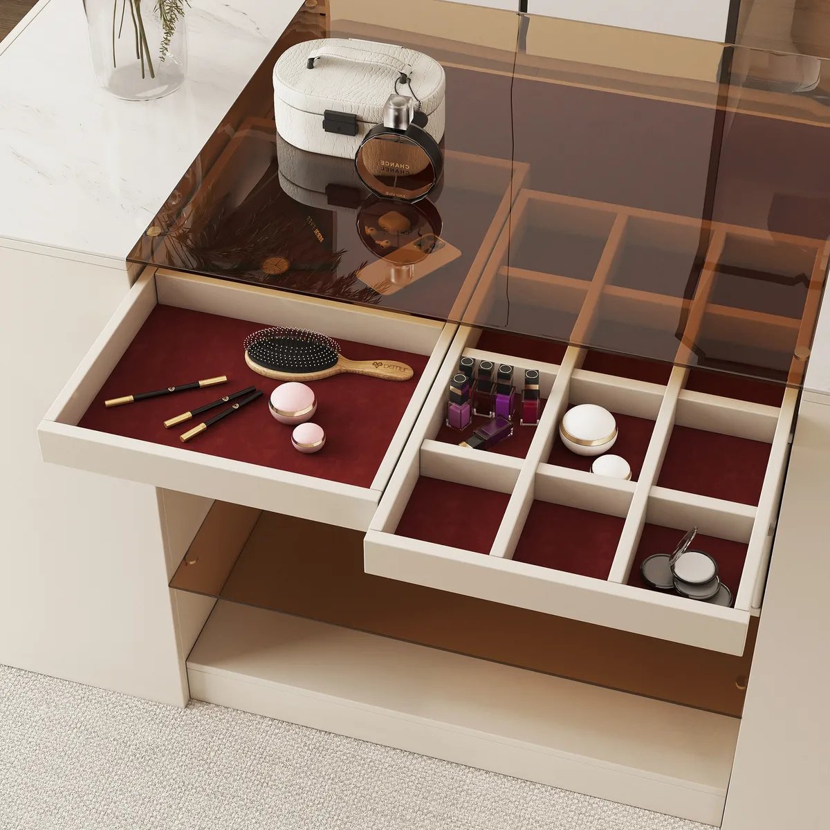 60" Glass Top Walnut Dresser Walk-in Closet Island with Jewelry Storage — image 29