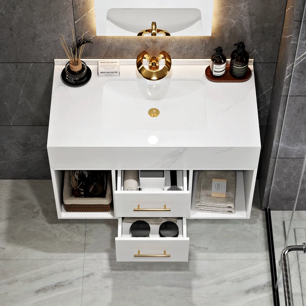 35.4" Floating Bathroom Vanity with Cultured Marble Vessel Sink with 2 Drawers — image 14
