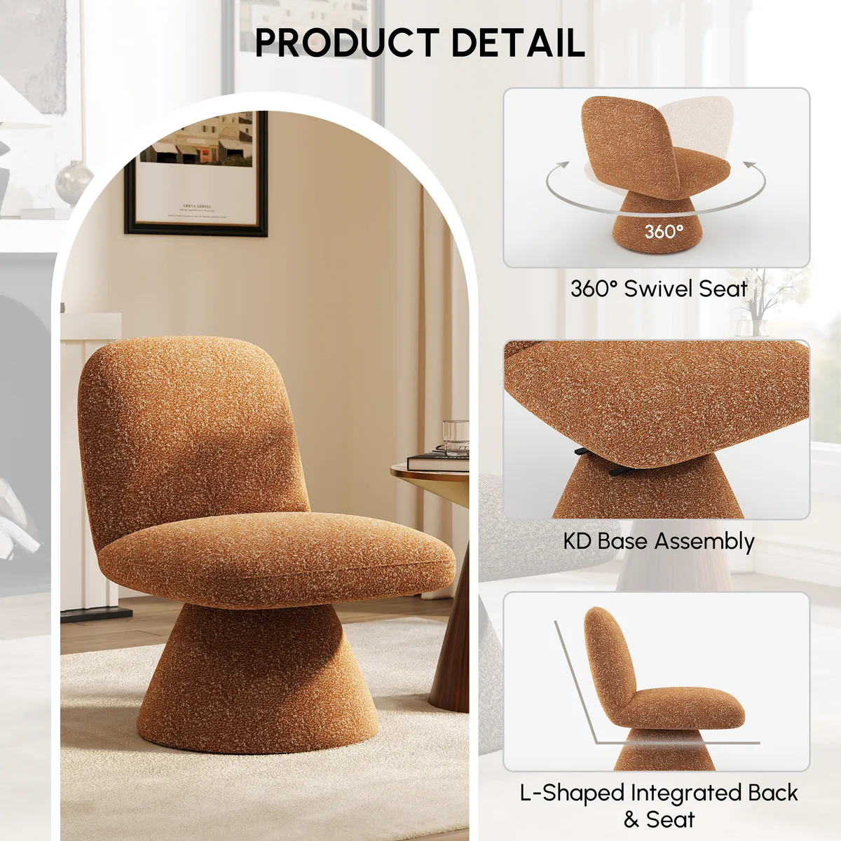 18" Modern Orange Boucle Swivel Accent Chair Sculptural L-Shaped Slipper Lounge Chair — image 18
