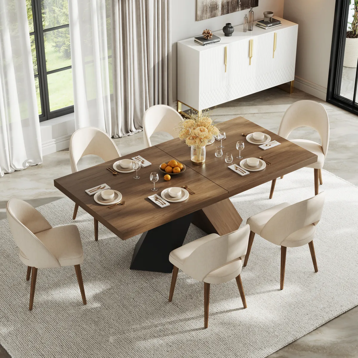 Dining Table Set 64"-79" Rectangle Extendable Dining Table & 4 Archic Japandi Rattan Dining Chairs — image 14
