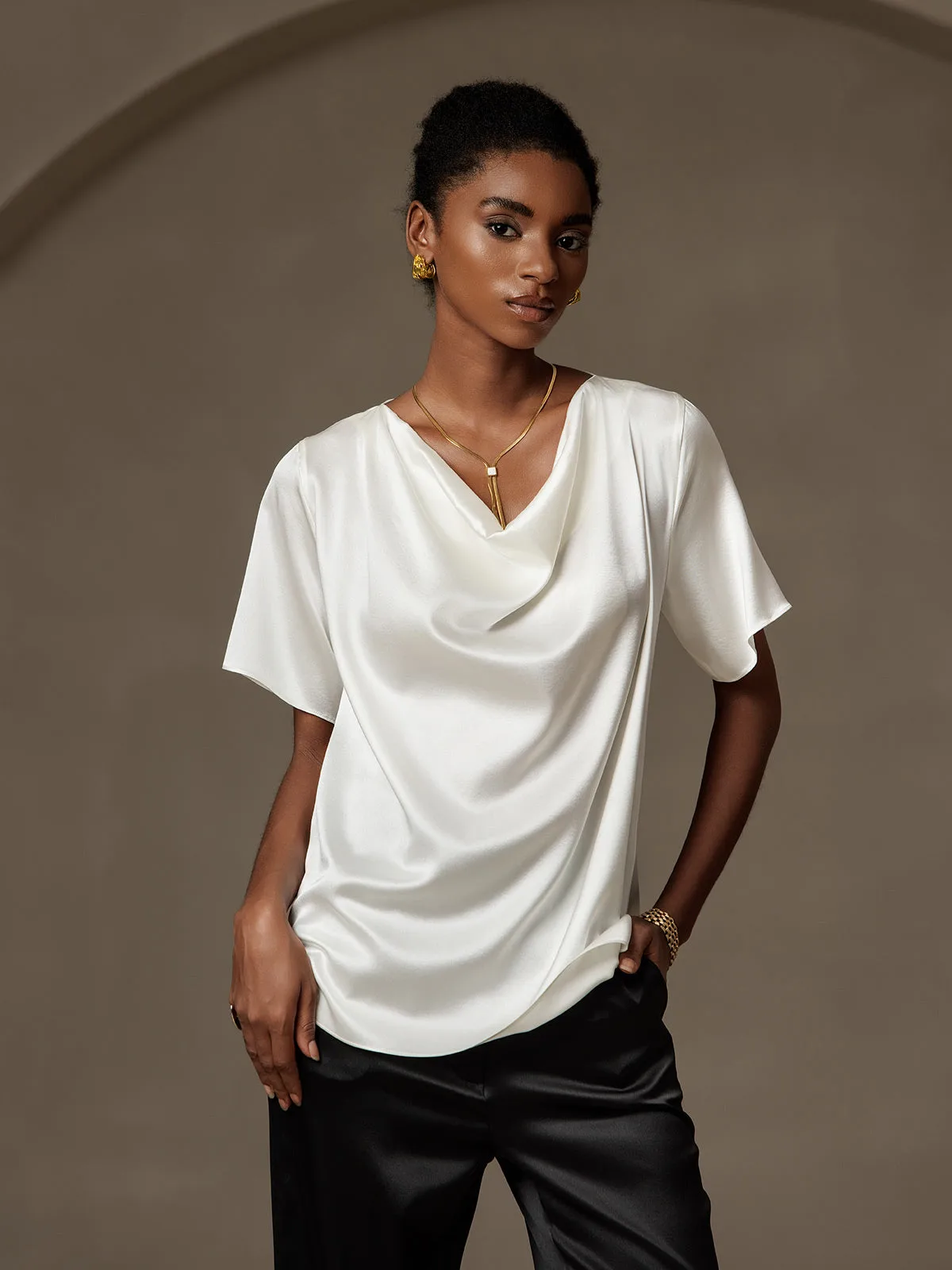 19Momme Women's Silk Short Sleeve Cowl Neck T-Shirt — image 3