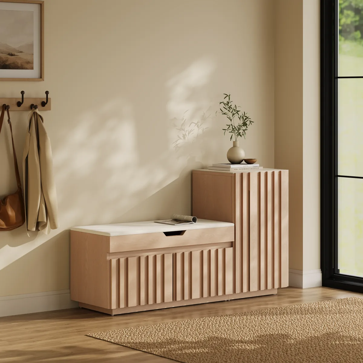 Aura 47” Wooden Shoe Storage Bench with Right-Side Cabinet for Entryway — image 11