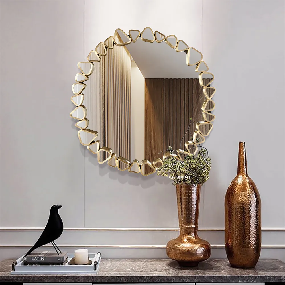 23.6" Modern Large Gold Round Pebble Wall Mirror Decor with Geometric Frame Living Room — image 3