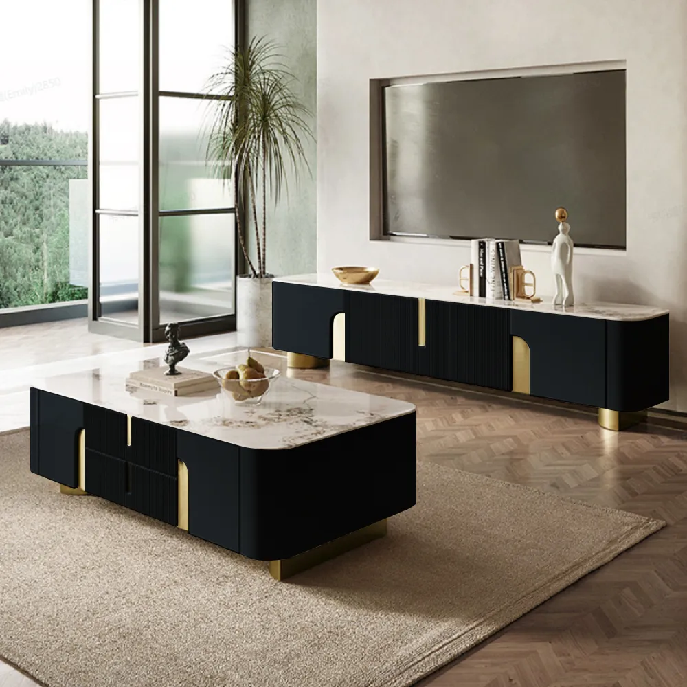 78.7" Stone Top Beige & Gold TV Stand with 4 Doors and Storage — image 16